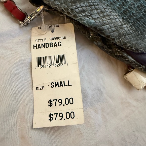 Elie Tahari Teal Snakeskin, with Purple and Red Leather Clutch - Picture 9 of 9